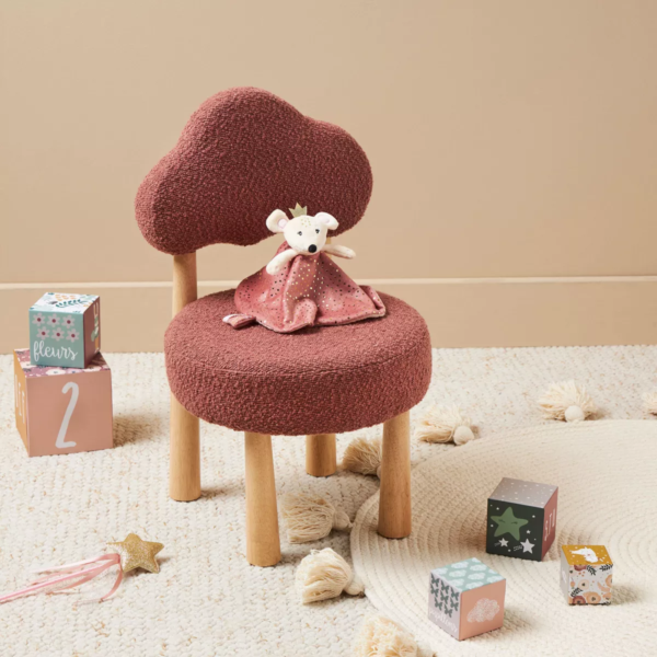 Handcrafted kids boucle cloud chair wooden legs in dusty rose by Woodbee craft