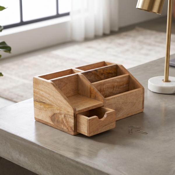 WoodBee Craft "The Kanso Caddy" Handcrafted Wooden Desk Organizer with Drawer