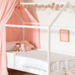 Handcrafted solid wood white trundle house bed with guard rails by WoodBee Craft