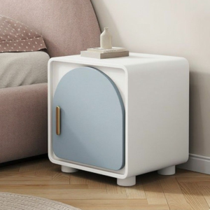 Handcrafted kids arched wooden bedside table in matte white and dusty blue by Woodbee craft